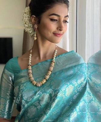 Sky blue silk blend jacuard work festival saree with unstitched blouse piece 3