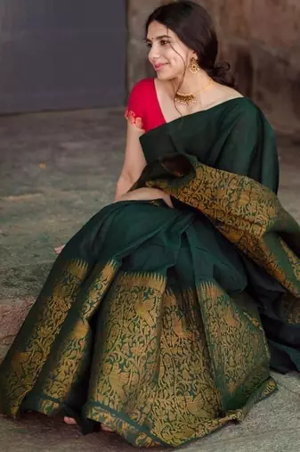 Green red silk blend jacuard work festival saree with unstitched blouse piece