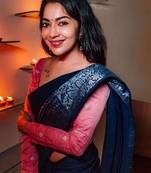 Blue pink silk blend jacuard work festival saree with unstitched blouse piece