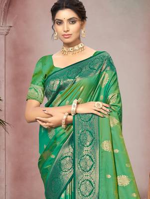 emerald green color smart soft silk blend woven designer ethnic festive saree 2