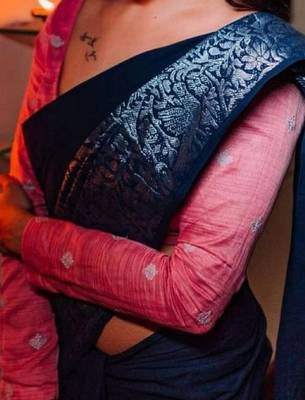 Blue pink silk blend jacuard work festival saree with unstitched blouse piece 5