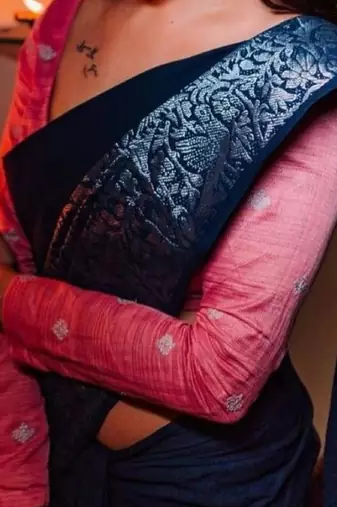 Blue pink silk blend jacuard work festival saree with unstitched blouse piece