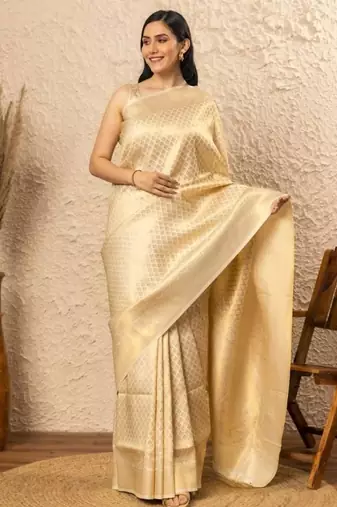 Off white silk blend jacuard work festival saree with unstitched blouse piece