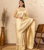 Off white silk blend jacuard work festival saree with unstitched blouse piece