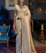 Off white silk blend jacuard work festival saree with unstitched blouse piece