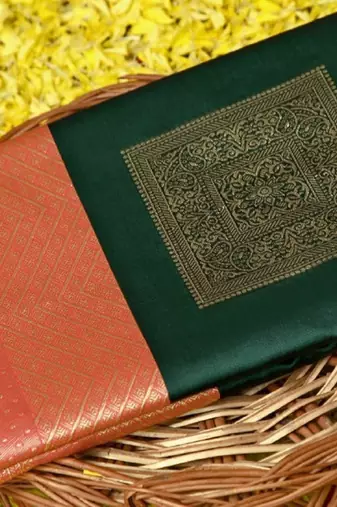 Green red silk blend jacuard work festival saree with unstitched blouse piece