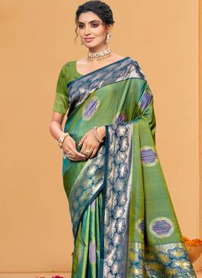 green color beautiful soft silk blend woven designer partywear ethnic saree 2
