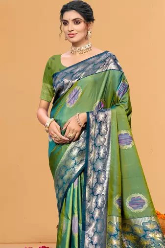 green color beautiful soft silk blend woven designer partywear ethnic saree