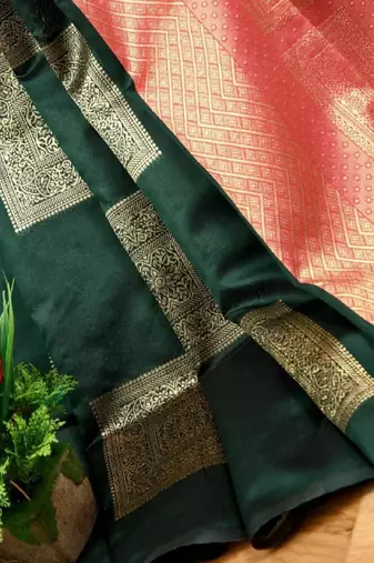 Green red silk blend jacuard work festival saree with unstitched blouse piece
