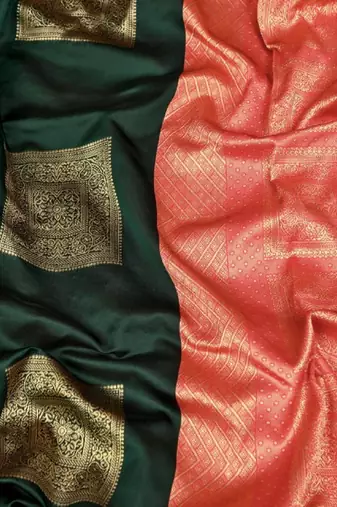 Green red silk blend jacuard work festival saree with unstitched blouse piece
