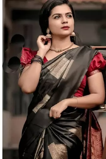 Black red silk blend jacuard work festival saree with unstitched blouse piece