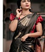 Black red silk blend jacuard work festival saree with unstitched blouse piece