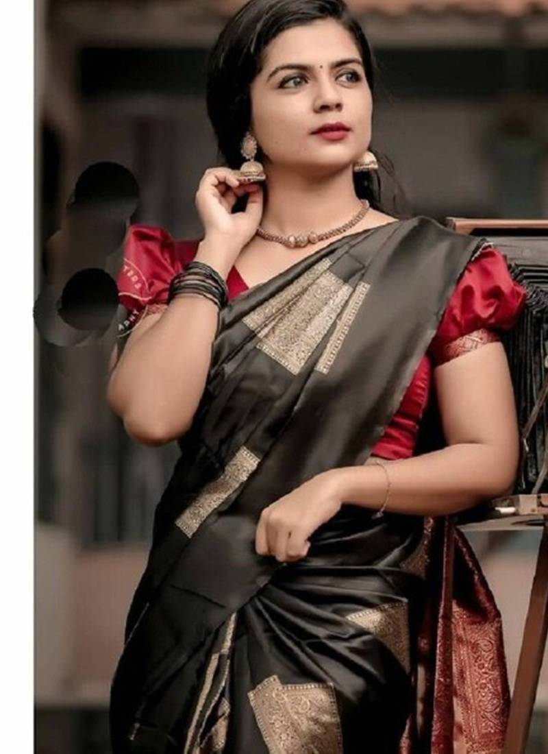 Black red silk blend jacuard work festival saree with unstitched blouse piece
