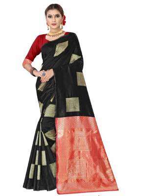 Black red silk blend jacuard work festival saree with unstitched blouse piece 1