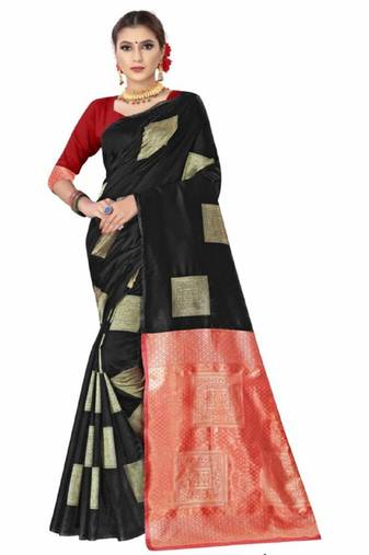 Black red silk blend jacuard work festival saree with unstitched blouse piece
