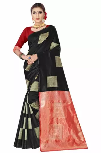Black red silk blend jacuard work festival saree with unstitched blouse piece