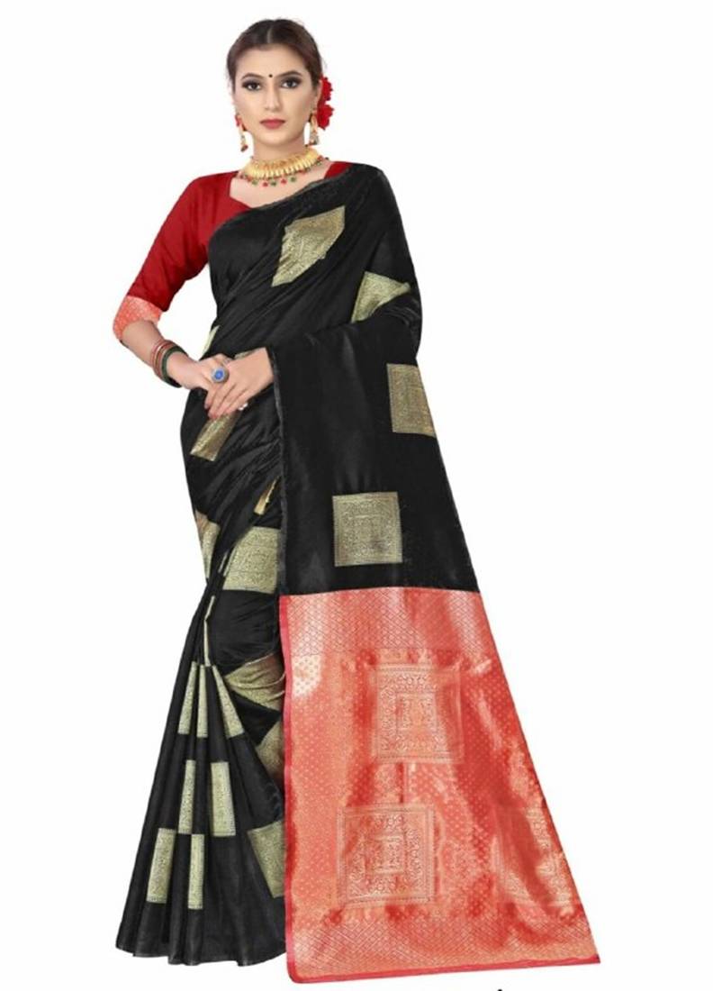 Black red silk blend jacuard work festival saree with unstitched blouse piece