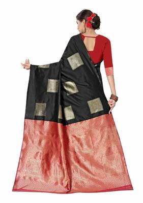 Black red silk blend jacuard work festival saree with unstitched blouse piece 2