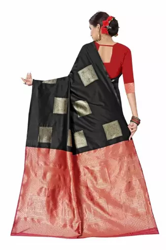 Black red silk blend jacuard work festival saree with unstitched blouse piece