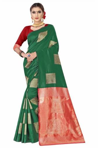 Green red silk blend jacuard work festival saree with unstitched blouse piece