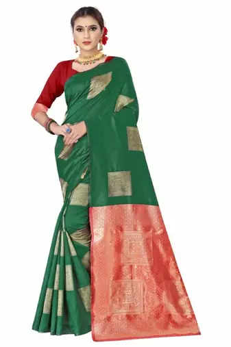 Green red silk blend jacuard work festival saree with unstitched blouse piece