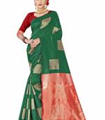 Green red silk blend jacuard work festival saree with unstitched blouse piece