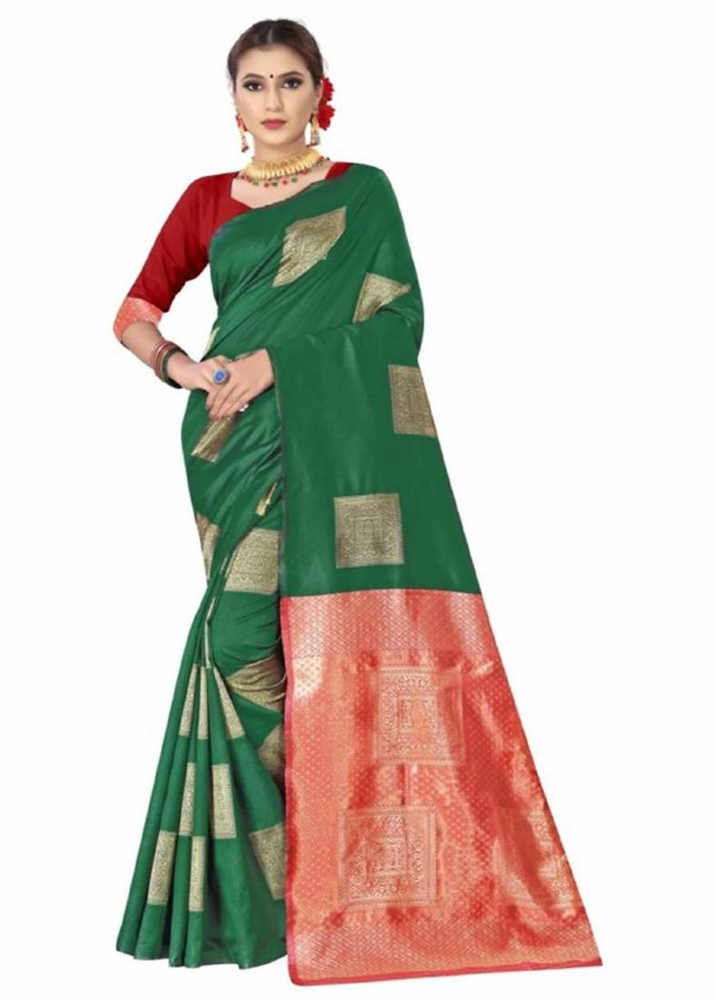 Green red silk blend jacuard work festival saree with unstitched blouse piece