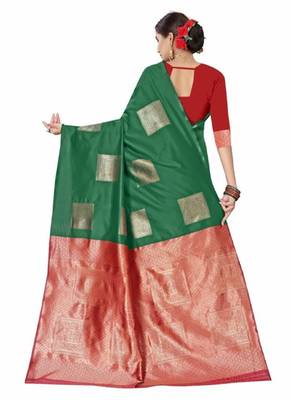 Green red silk blend jacuard work festival saree with unstitched blouse piece 2