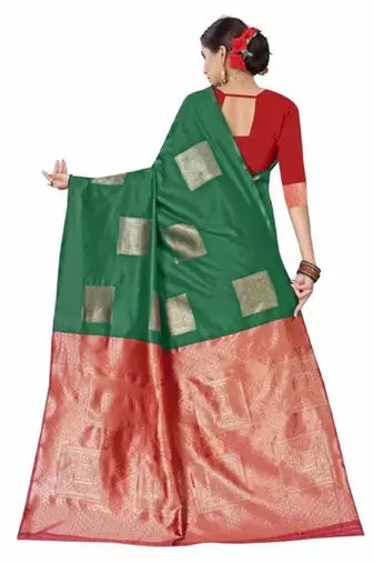 Green red silk blend jacuard work festival saree with unstitched blouse piece