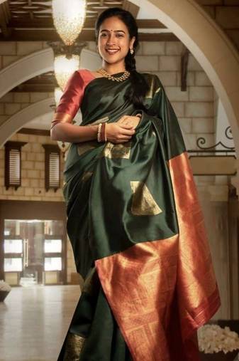 Green red silk blend jacuard work festival saree with unstitched blouse piece