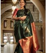 Green red silk blend jacuard work festival saree with unstitched blouse piece