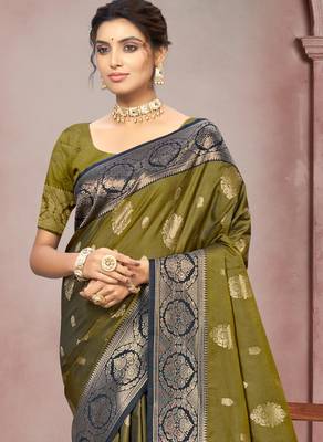 olive green color smart soft silk blend woven designer ethnic festive saree 2