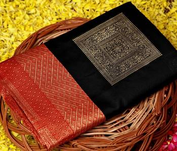 Black red silk blend jacuard work festival saree with unstitched blouse piece 1