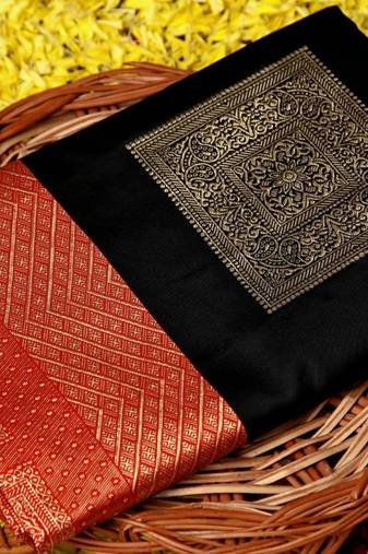Black red silk blend jacuard work festival saree with unstitched blouse piece
