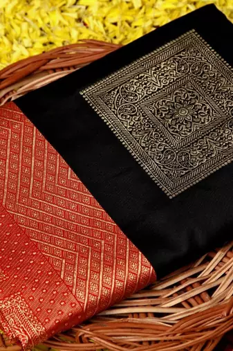 Black red silk blend jacuard work festival saree with unstitched blouse piece