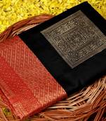 Black red silk blend jacuard work festival saree with unstitched blouse piece