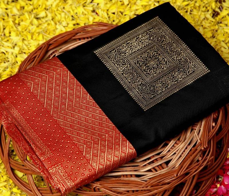 Black red silk blend jacuard work festival saree with unstitched blouse piece