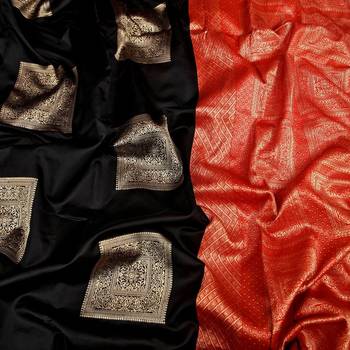Black red silk blend jacuard work festival saree with unstitched blouse piece 2