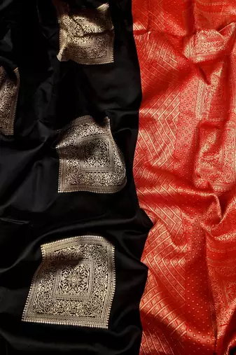 Black red silk blend jacuard work festival saree with unstitched blouse piece