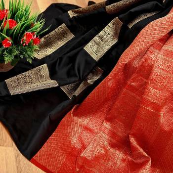 Black red silk blend jacuard work festival saree with unstitched blouse piece 4
