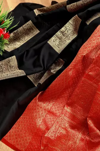 Black red silk blend jacuard work festival saree with unstitched blouse piece