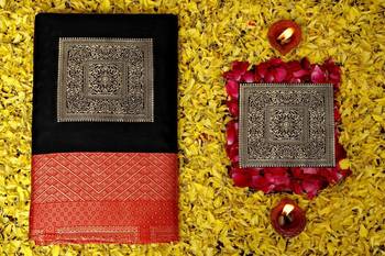 Black red silk blend jacuard work festival saree with unstitched blouse piece 5