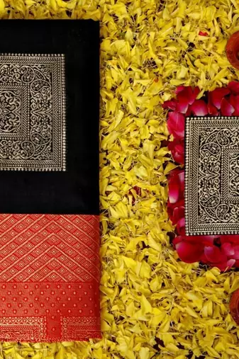 Black red silk blend jacuard work festival saree with unstitched blouse piece