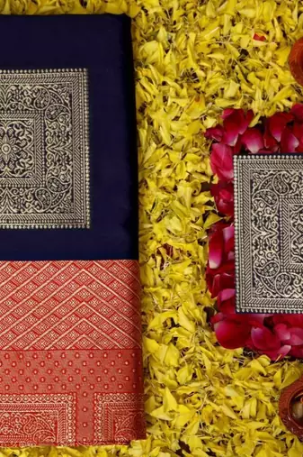 Blue red silk blend jacuard work festival saree with unstitched blouse piece