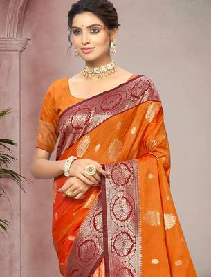 bright orange color smart soft silk blend woven designer ethnic festive saree 2