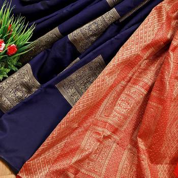 Blue red silk blend jacuard work festival saree with unstitched blouse piece 2