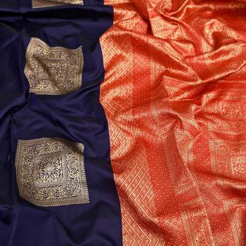 Blue red silk blend jacuard work festival saree with unstitched blouse piece 3