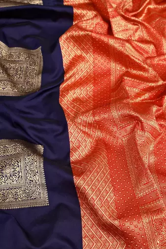 Blue red silk blend jacuard work festival saree with unstitched blouse piece