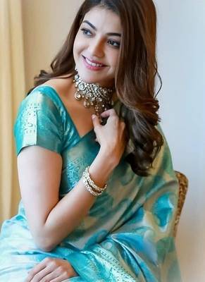 Sky blue silk blend jacuard work festival saree with unstitched blouse piece 2