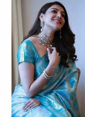 Sky blue silk blend jacuard work festival saree with unstitched blouse piece 3